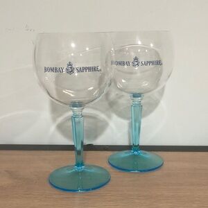 2 Bombay Sapphire Clear and Blue Stem acrylic/plastic Balloon Gin Glasses